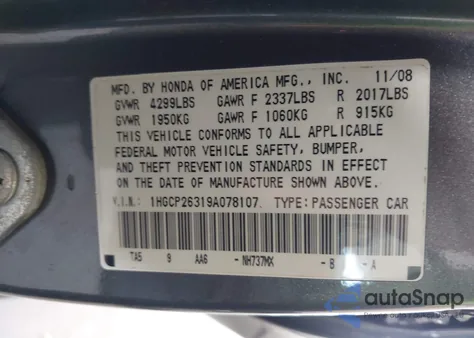 2009 Honda Accord 2.4 Lx z USA, uszkodzony, nr VIN 1HGCP26319A078107